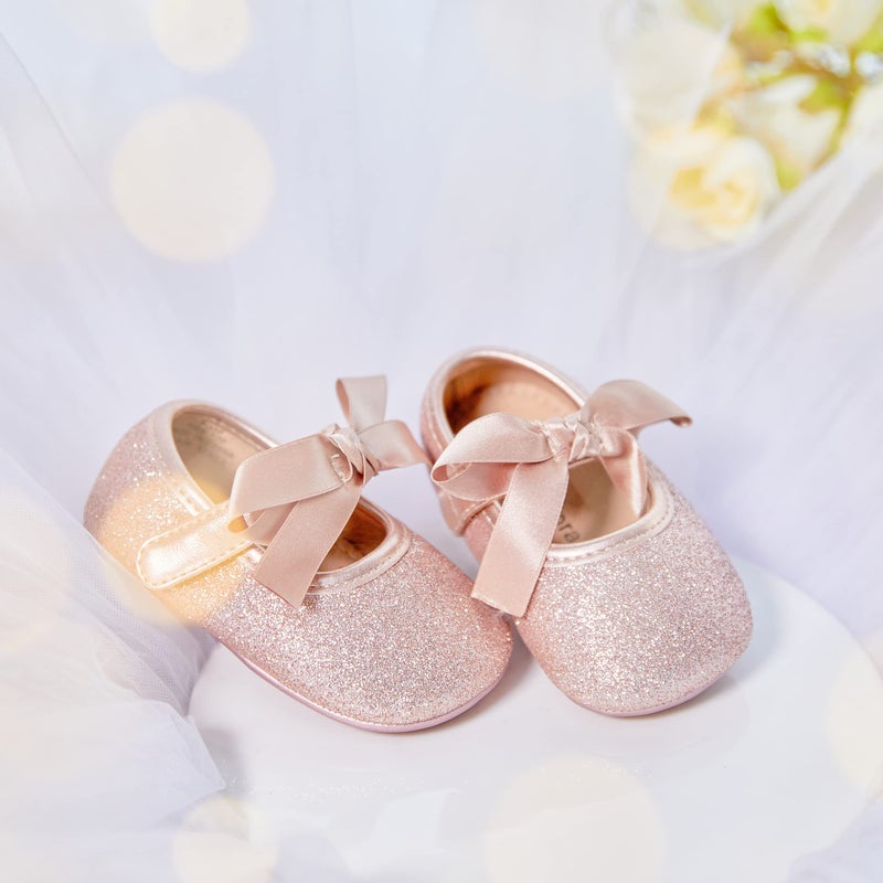 Felix & Flora Infant Baby Girls Shoes Soft Rubber Sole Princess Dress Shoes Baby Walking Shoes(Infant/Toddler)(12-18 Months Infant,Glitter Pink) - Image 3